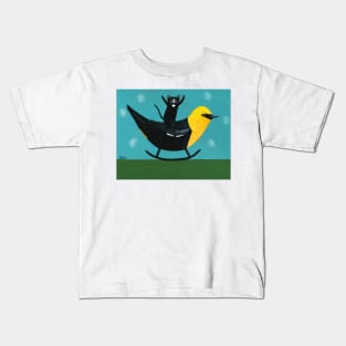 Tuxedo Cat on a Yellow Headed Blackbird Kids T-Shirt